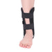 A rigid ankle splint with a cushioned interior, secured by adjustable straps to limit movement during healing.