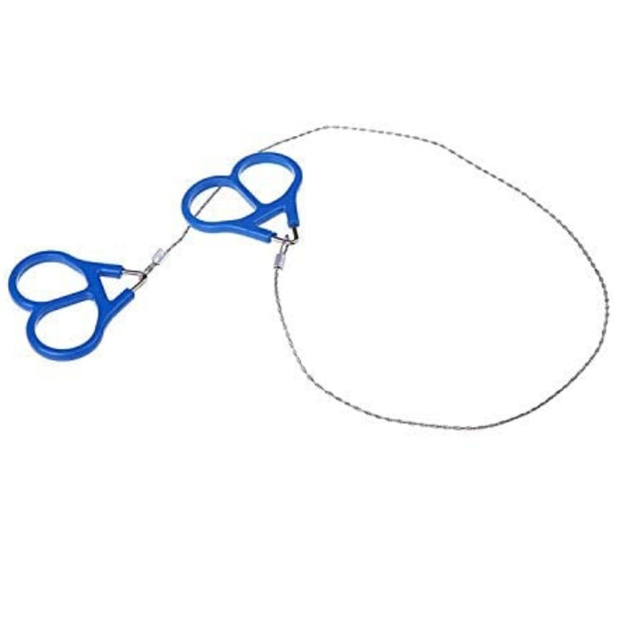 Survival pocket chainsaw with flexible cutting teeth and scissor-style blue handles, designed for efficient outdoor sawing