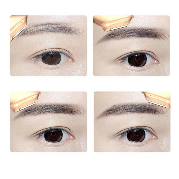 Gold women's stainless steel blade eyebrow trimmer in use, demonstrating precise grooming and shaping. Compact and ergonomic design ensures effortless handling. Ideal for painless hair removal and defining eyebrows with accuracy-