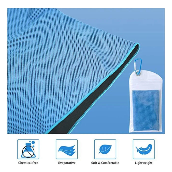 Blue cooling towel with a white pouch on a blue background, featuring icons for chemical-free, evaporative, soft & comfortable, and lightweight.