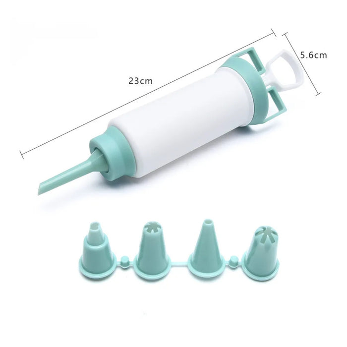 White and teal icing piping bag with four different-sized nozzles on a white background