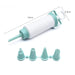 White and teal icing piping bag with four different-sized nozzles on a white background