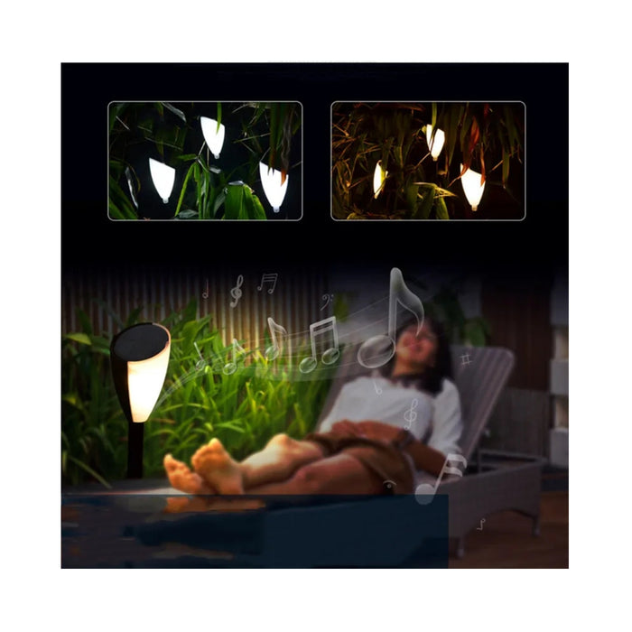 Person relaxing on a lounge chair with a lamp and outdoor setting