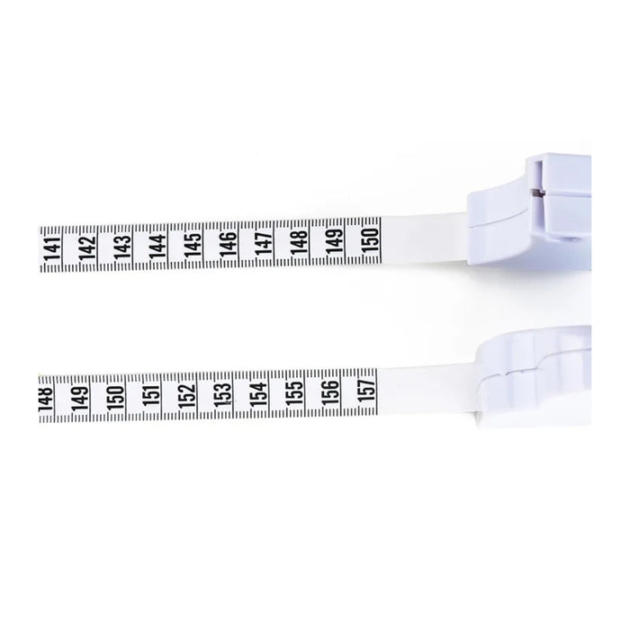 White measuring tape with black measurements on a white background