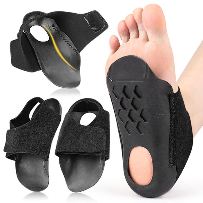 Black foot orthosis with a close-up of a foot wearing it on a white background