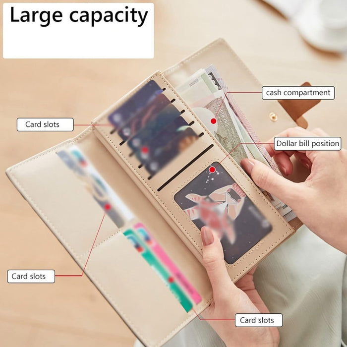 Green women’s wallet – beige interior with labeled card slots, cash compartment, and ID window