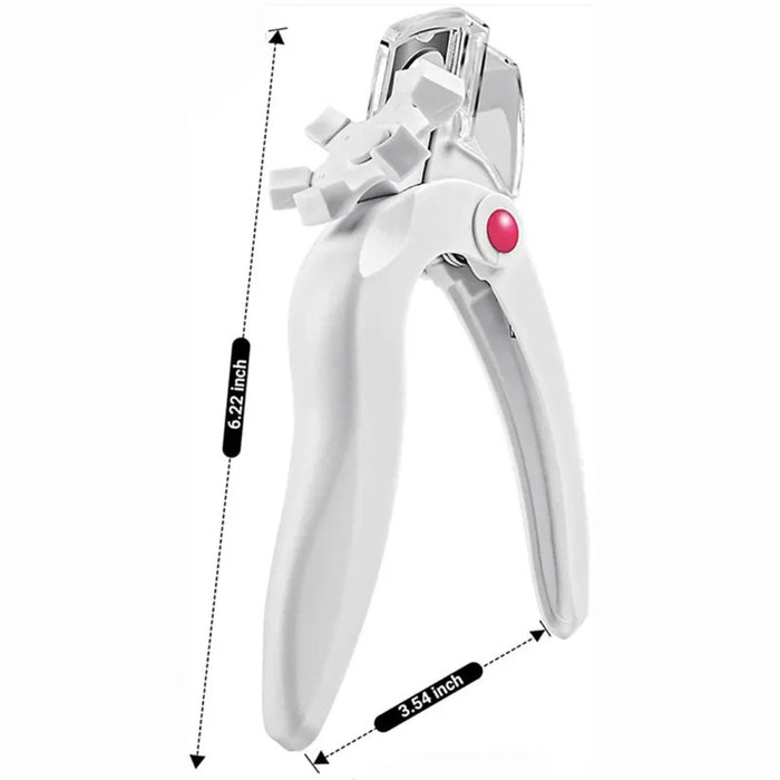 White pet nail clipper with measurements on a white background