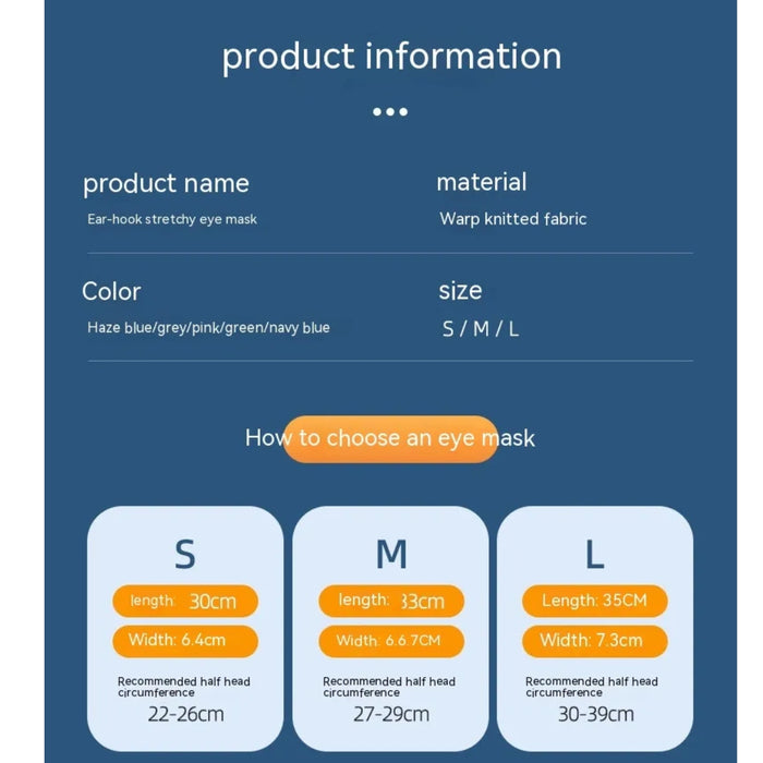 Product information for an eye mask including size, color, and dimensions on a blue background.