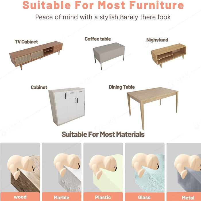 Furniture safety corner guards for baby-proofing. Compatible with TV cabinets, coffee tables, nightstands, cabinets, and dining tables. Works on wood, marble, glass, and metal.