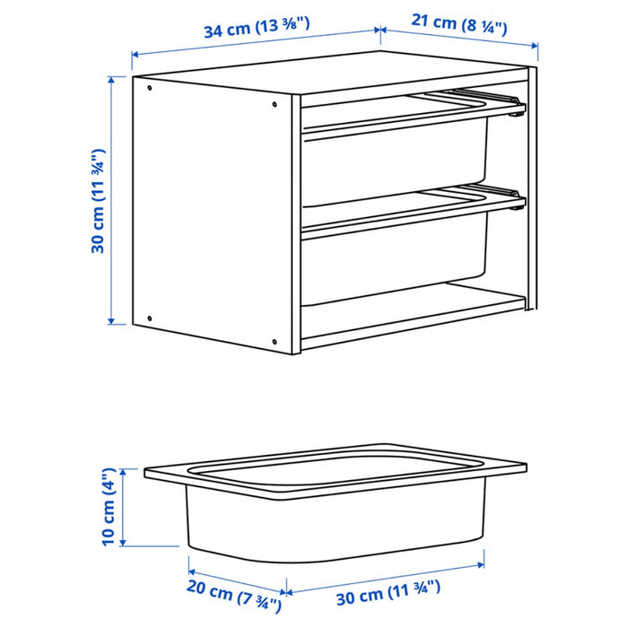 IKEA TROFAST Wall storage, white, 34x21x30 cm (13 3/8x8 1/4x11 3/4 ") with 2 x Storage box, white, 20x30x10 cm (7 ¾x11 ¾x4 ")
