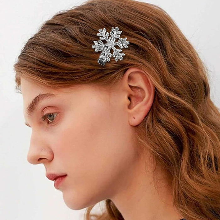 Crystal snowflake hair clip – side profile with wavy brown hair and sparkling silver snowflake accessory