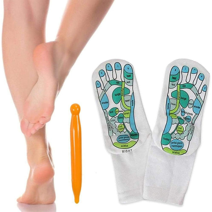 Digital Shoppy reflexology socks – feet beside socks and tool, highlighting mapped organ zones
