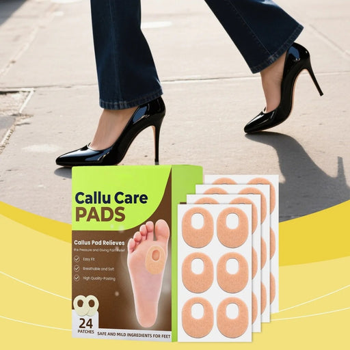 Digital Shoppy Callu Care Pads – Foot care pads shown relieving pressure from high-heel walking, with six sheets displayed