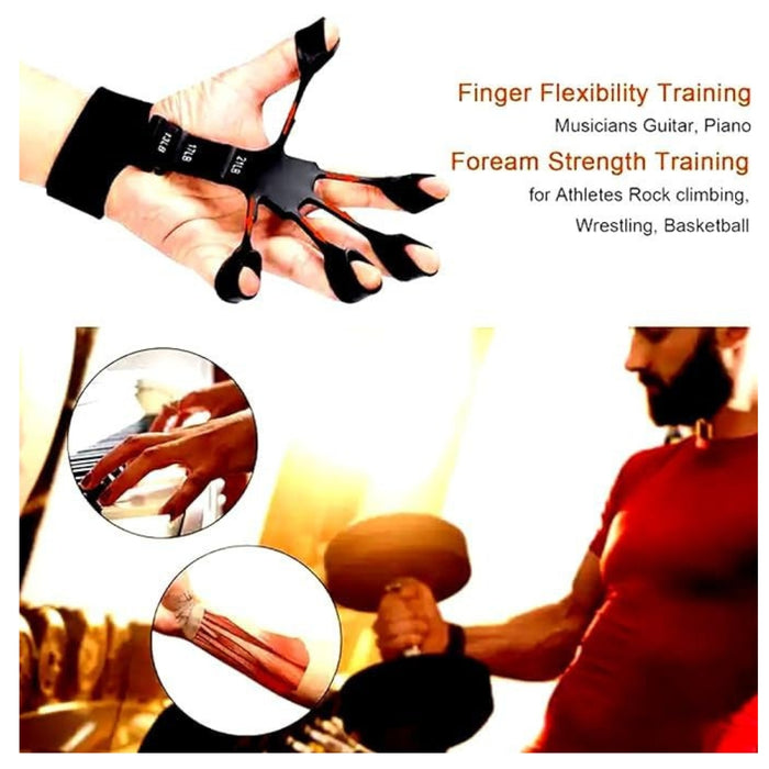Hand with finger separator device and text about finger flexibility and strength training.