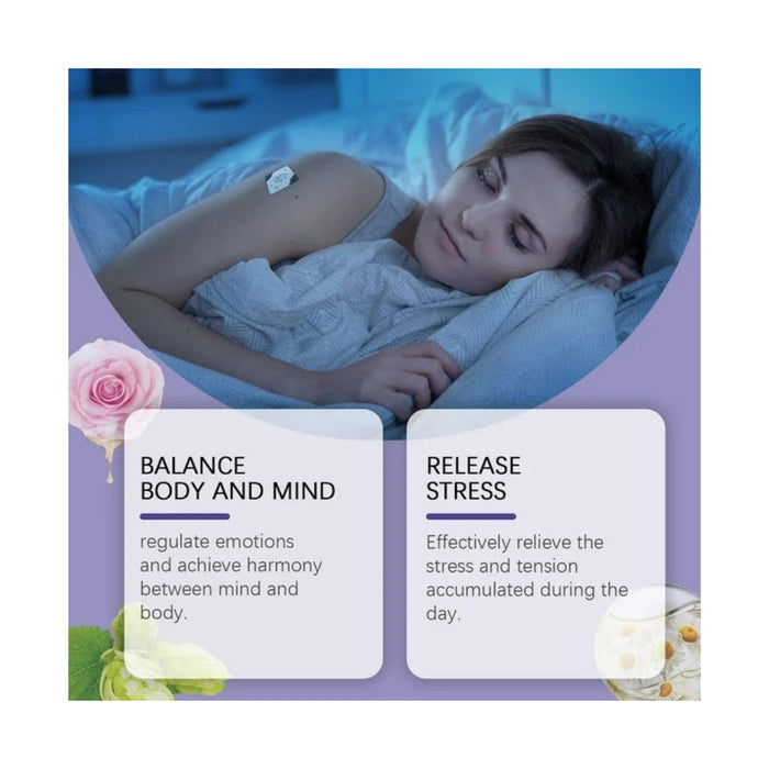 Woman lying in bed with a product on her arm, surrounded by text about balance and stress relief.