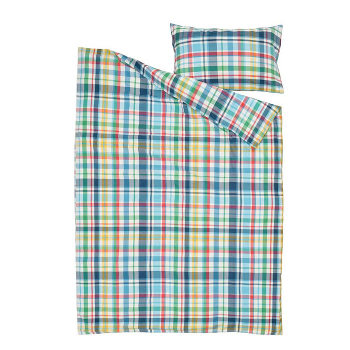 Plaid bedding set with a pillow on a white background