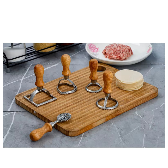 Digital Shoppy Ravioli Stamp Maker Cutter Set of 5 – Stainless Steel Pasta, Dumpling & Cookie Cutter with Wooden Handle