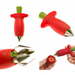 Stainless steel strawberry stem remover tool removing green tops from fresh berries - Digital Shoppy