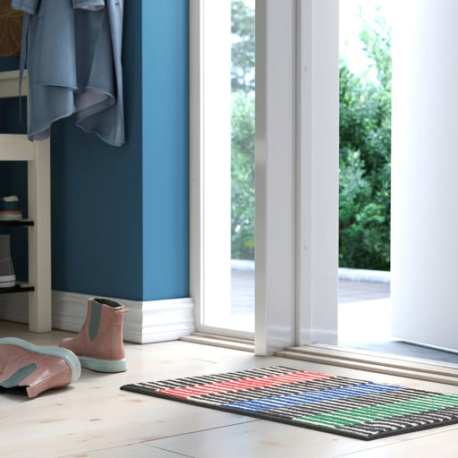 Colorful doormat on a wooden floor with a blue wall and sliding glass door in the background.