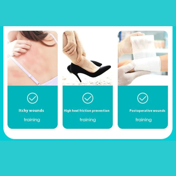 Vertical graphic illustrating wound care training for itchy skin, high heel friction, and postoperative recovery