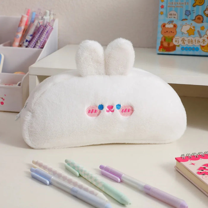 Digital Shoppy White Cartoon Piggy Plush Pencil Case – Large Capacity Stationery Organizer