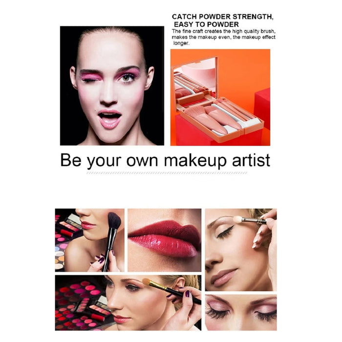 Makeup advertisement with a woman applying makeup, text about powder strength, and close-ups of makeup products.