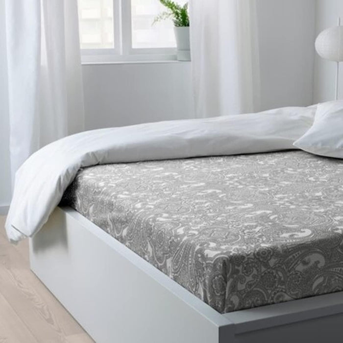 IKEA JÄTTEVALLMO Bedding Set: Paisley Flat Sheet (White/Grey) & Pillowcase, beige/dark grey, 50x80 cm (20x32 ")