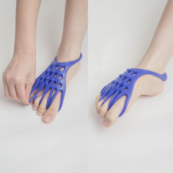 Blue toe orthosis – foot wearing blue toe stretcher with elongated loops for yoga and fitness toe alignment