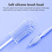 Silicone brush head with text on a blue background