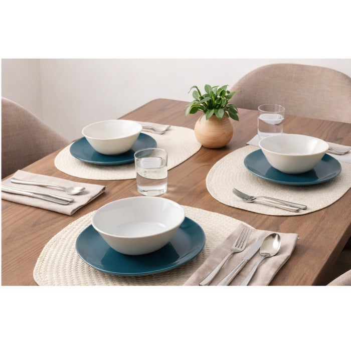 IKEA Dining Set: 4-Pack Glossy Dark Turquoise Plates, SLÄTTIKA White Bowl & Handmade Palm Leaf Placemats