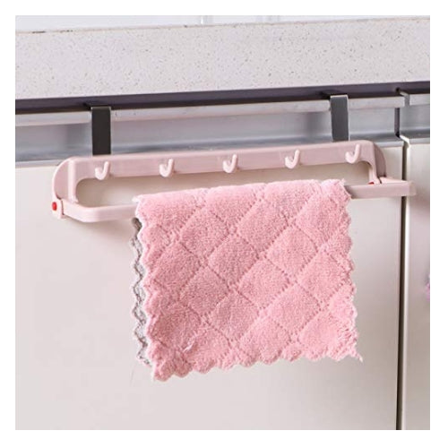 Compact pink foldable rack for organizing kitchen towels, gloves and cooking utensils