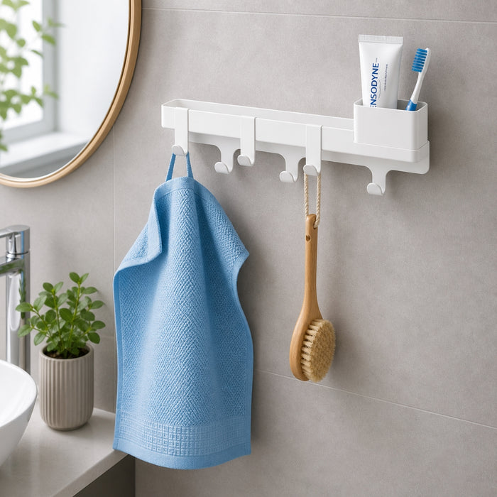 IKEA ALTARLIDEN Hook Rack with Shelf (White) + VINARN Washcloths 2-Pack (Blue) – Bathroom & Entryway Set