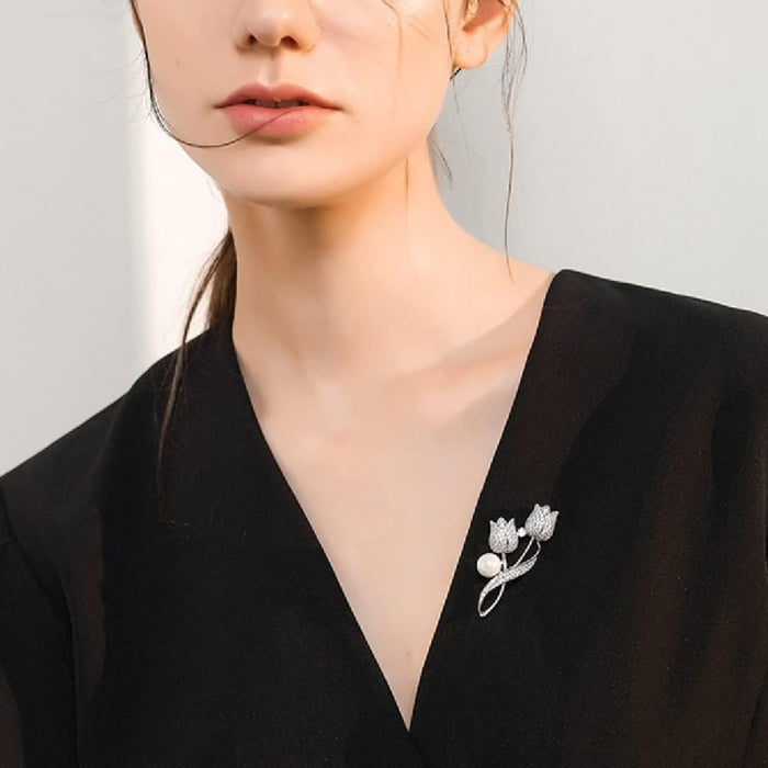 Digital Shoppy Silver Tulip Brooch – Micro-Inlaid Zircon, Elegant & High-End Design