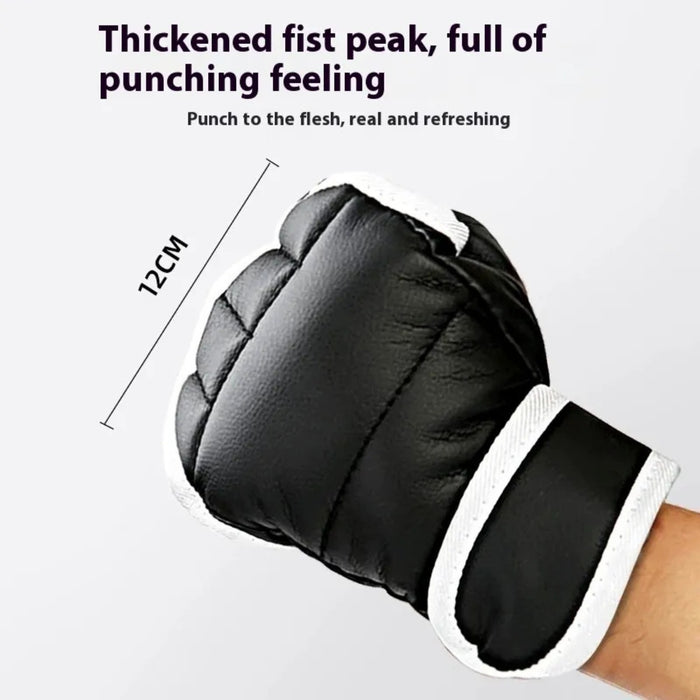 Black boxing glove with thickened fist peak and measurement label on a white background