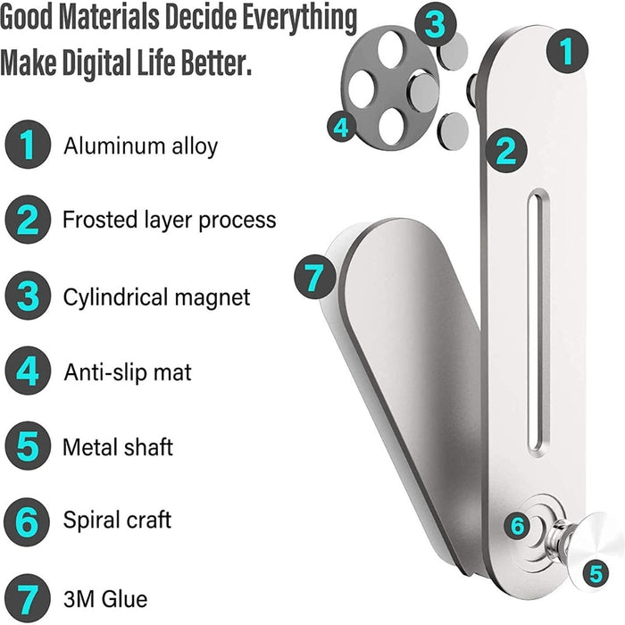 Labeled diagram showing components of silver magnetic phone holder – includes aluminum alloy, anti-slip mat, metal shaft, and 3M adhesive – 1747662 14007838
