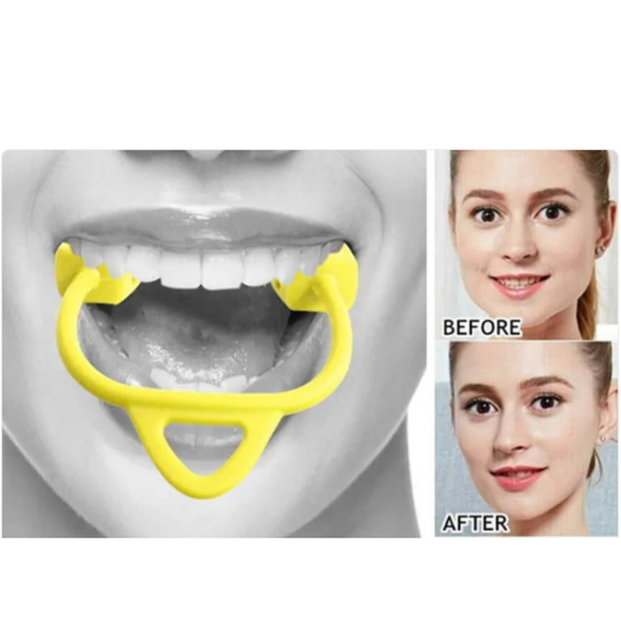 Yellow dental tool with a before and after comparison of a woman's smile.