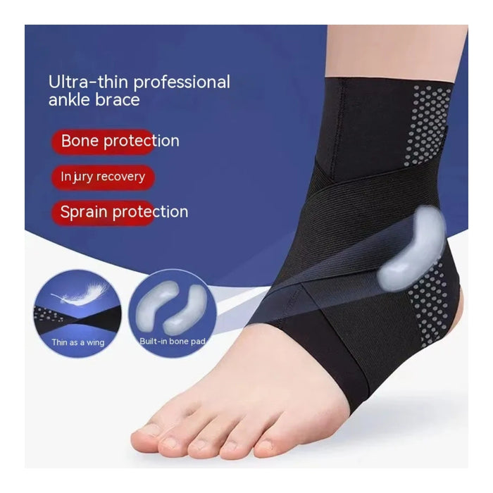 Black ankle brace on a foot with promotional text about bone protection, injury recovery, and sprain protection.