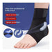 Black ankle brace on a foot with promotional text about bone protection, injury recovery, and sprain protection.