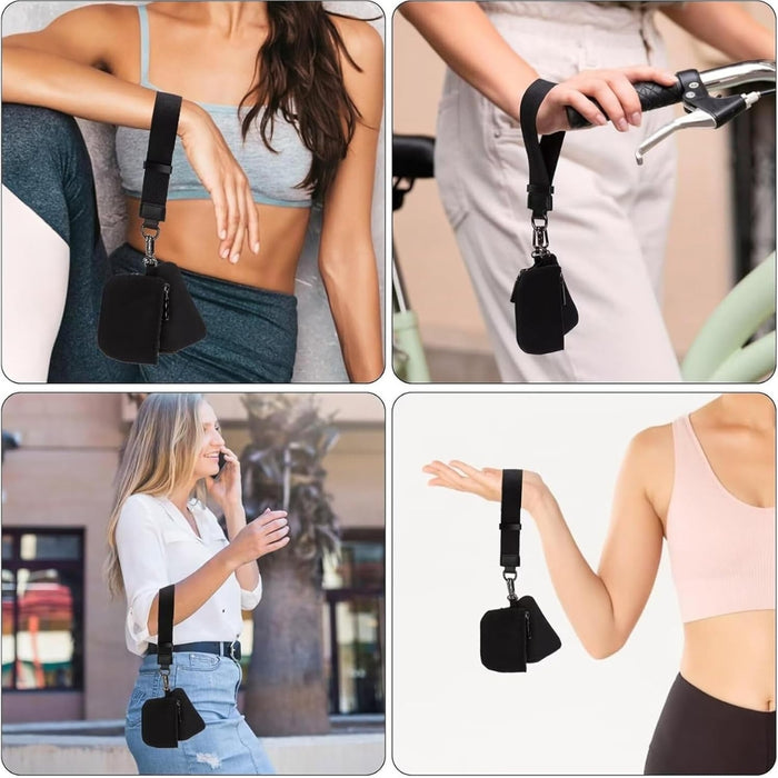 Mini Black Change Purse – Portable, Dual Pouch, Fashion Accessory, clipped to wrist, bike, belt loop, and hand in lifestyle collage