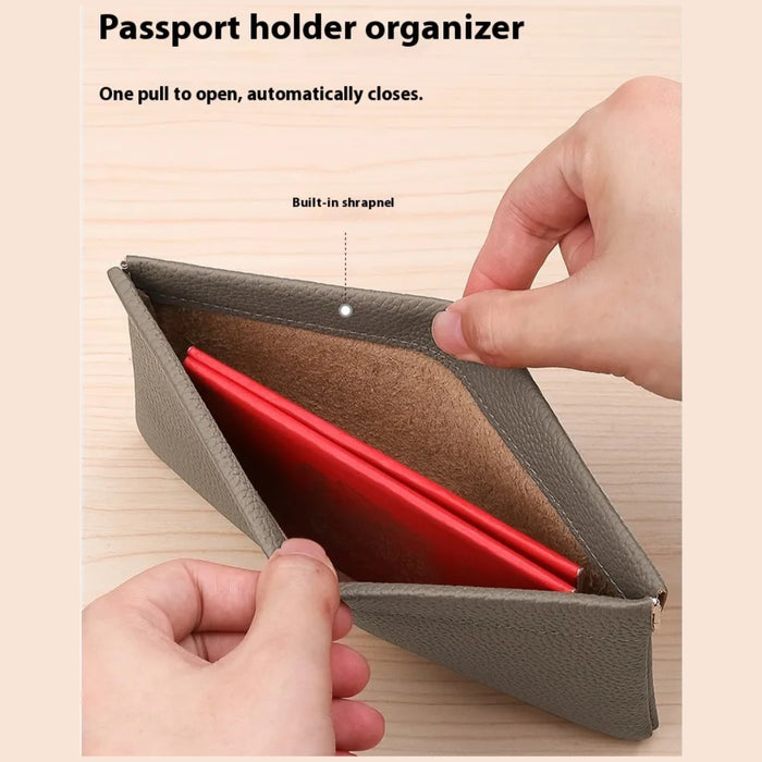 Gray cowhide leather wallet – slim upright pouch on wooden surface, only 0.5 cm thin, stylish and elegant