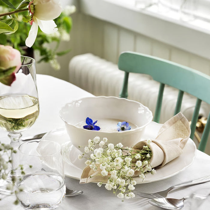 KEA White Ceramic Serving Set with 4 Jute Place mats, 4 Bowls, 1 Platter, 6 Spoons