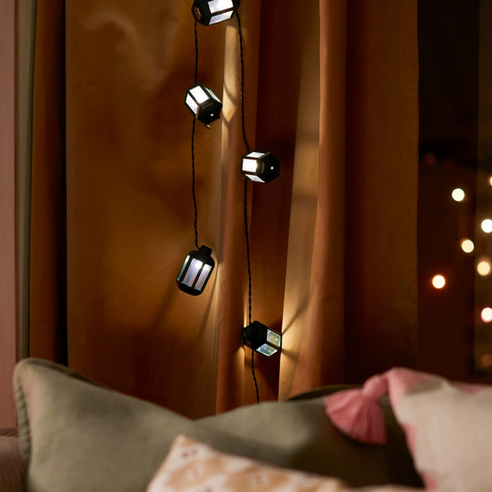IKEA GOKVÄLLÅ LED Lighting Chain Lantern Green 12 Lights Battery‑Operated Outdoor with GOKVÄLLÅ Hanging Decoration Set of 3 Copper‑Colour