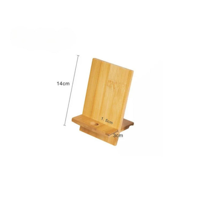Side view of bamboo phone stand showing labeled dimensions—14 cm tall, 3 cm base width, 1.5 cm thickness—designed for upright device placement – 1600000766929 13074717.