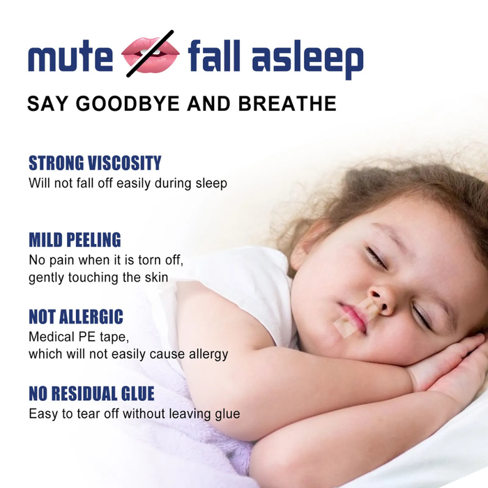 Child sleeping peacefully with mouth tape applied, showcasing features like strong hold and allergy-free material