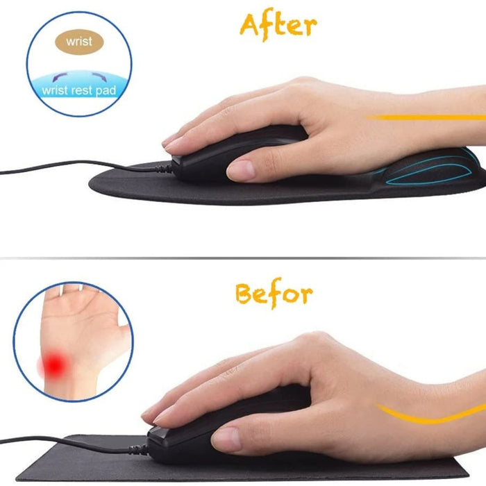 Comparison image showing the benefits of using a wrist rest with a mouse. The top section, labeled "After," displays a hand using a mouse on a black ergonomic wrist support pad, keeping the wrist straight and comfortable. The bottom section, labeled "Before," shows a hand using a mouse without a wrist rest, with a noticeable red hotspot at the wrist joint to indicate strain or discomfort. Inset circles reinforce the contrast, highlighting pain versus support—ideal for promoting ergonomic wrist posture -1595