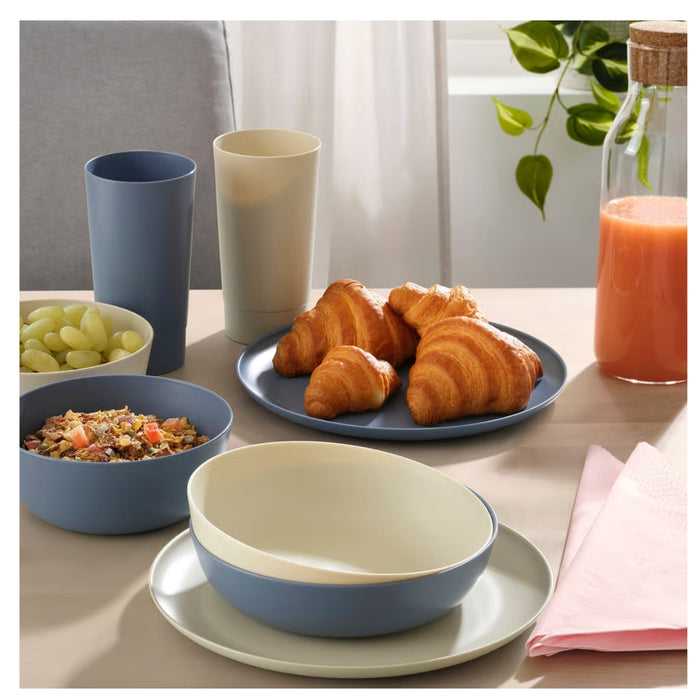 IKEA MÄRIT Place mat, natural35x45 cm (14x18 ") with VITABBORRE Plate, blue, 26 cm  and Deep plate, blue, 20 cm and  Bowl Blue, 16 cm  Glass, plastic 700 ml and  Paper napkin, patterned light pink/orange, 16x32 cm