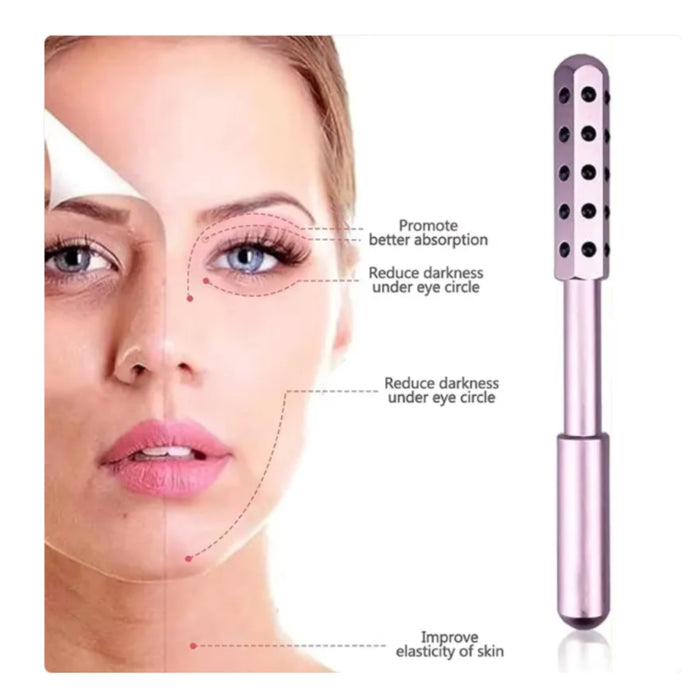Facial roller for eye area with benefits listed on a white background