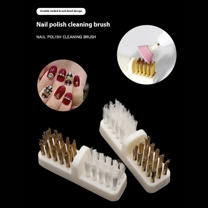 Dual head nail brush – used for nail polish cleanup with inset showing decorated nails