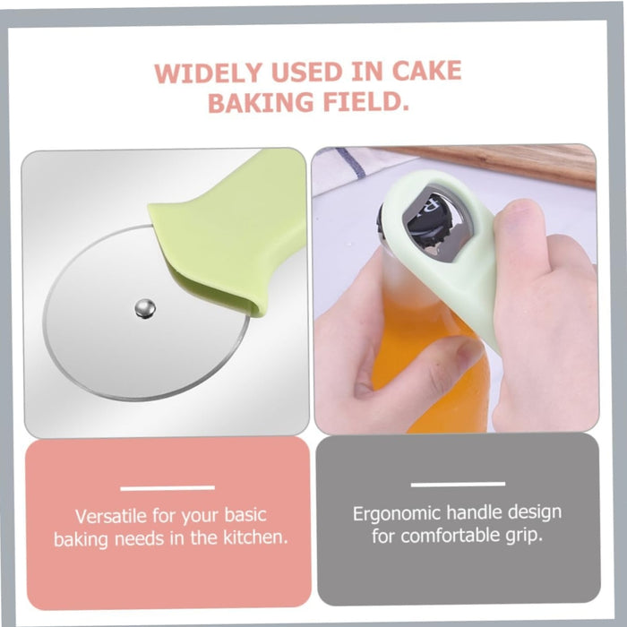 Green-handled cutter shown slicing dough and opening bottle cap – ergonomic grip and versatile design for baking and serving – 1600000037418 14006653
