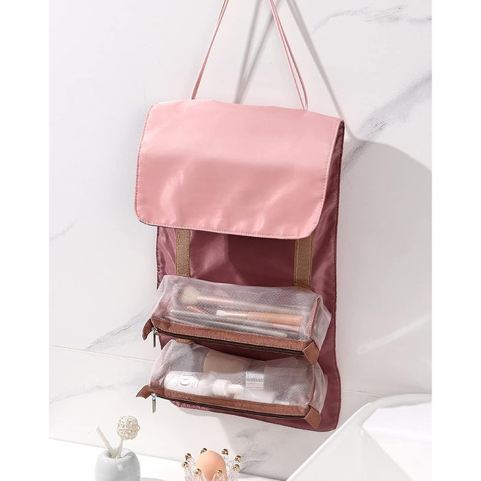 Digital Shoppy 4-in-1 Foldable Cosmetic Bag – Detachable Mesh Pouches for Women – Pink